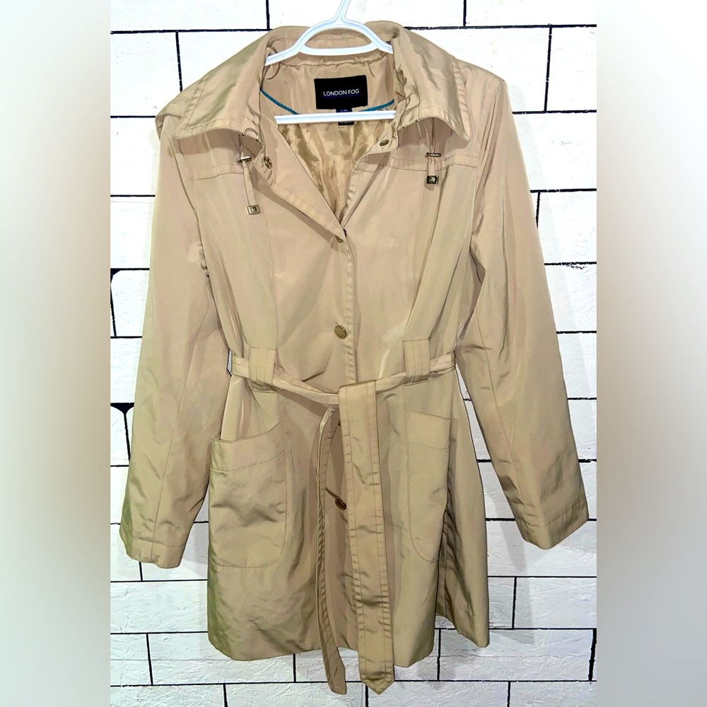 London Fog Beige Belted Trench Coat With Removable Hood